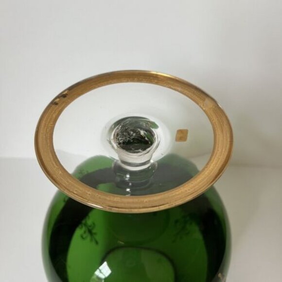 Vtg Empoli Green Glass Gilded Hand Painted Pedestal Vase Brandy Snifter MCM 11" - Picture 7 of 10